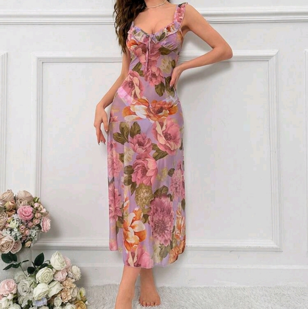 Floral Print Tie Front Ruffle Trim Mesh Pajama Nightdress Long Dress - Picture 5 of 6